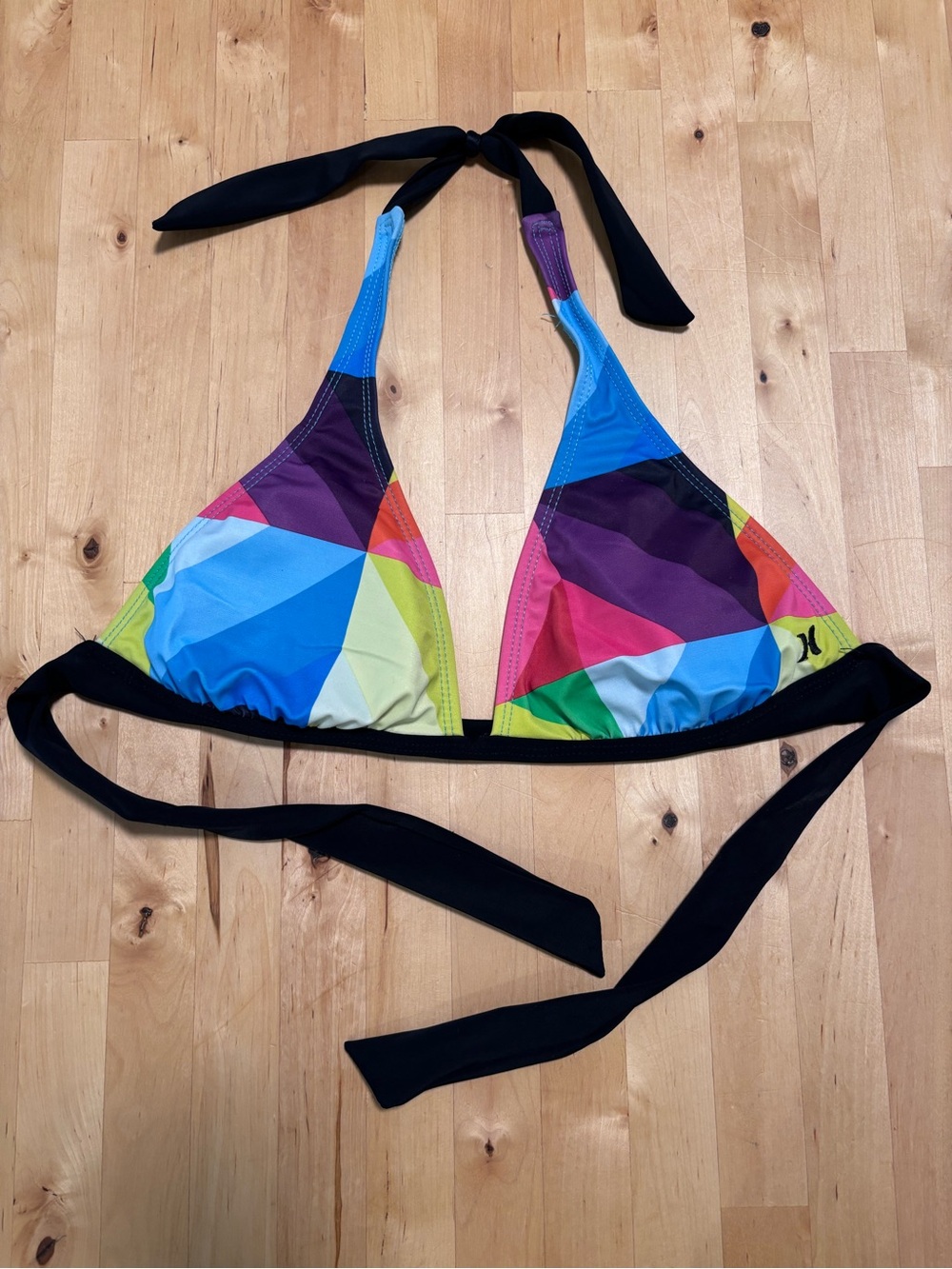 Hurley Women’s Multicolor Geometric Triangle Bikini Top with Black Ties